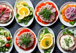 Smørrebrød: Traditionelle dänische offene Sandwiches mit verschiedenen Belägen.