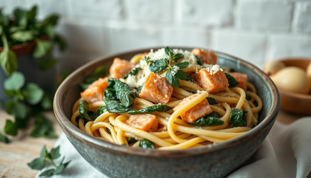 Cremige Lachs-Spinat-Pasta