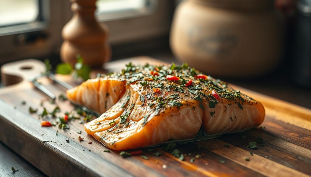 Frischen Lachs würzen mit Kräutern