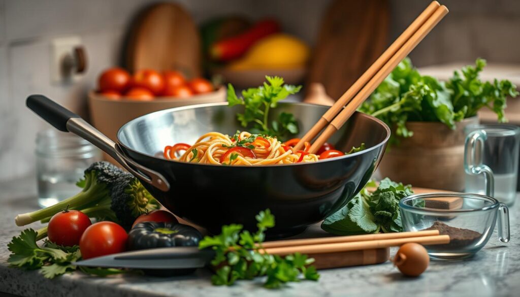 Utensilien für schnelles Mie Noodles Gericht